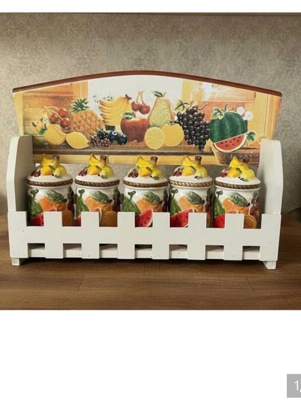 Vintage 1990’s Ceramic Fruit Spice Rack Set with Wooden Picket Fence Holder